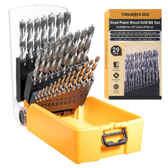 TOOLMAYS Brad Point Drill Bit Set, 29 PCS HSS Wood Drill Bit Set with Double Flutes Design for Carpenter Woodworking and