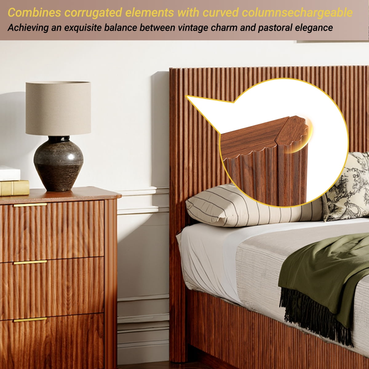 Luckynote Queen Size Bed Frame with LED Lights, Modern Wooden Corrugated Curved Lines, Convex Groove Board Design, Walnut.