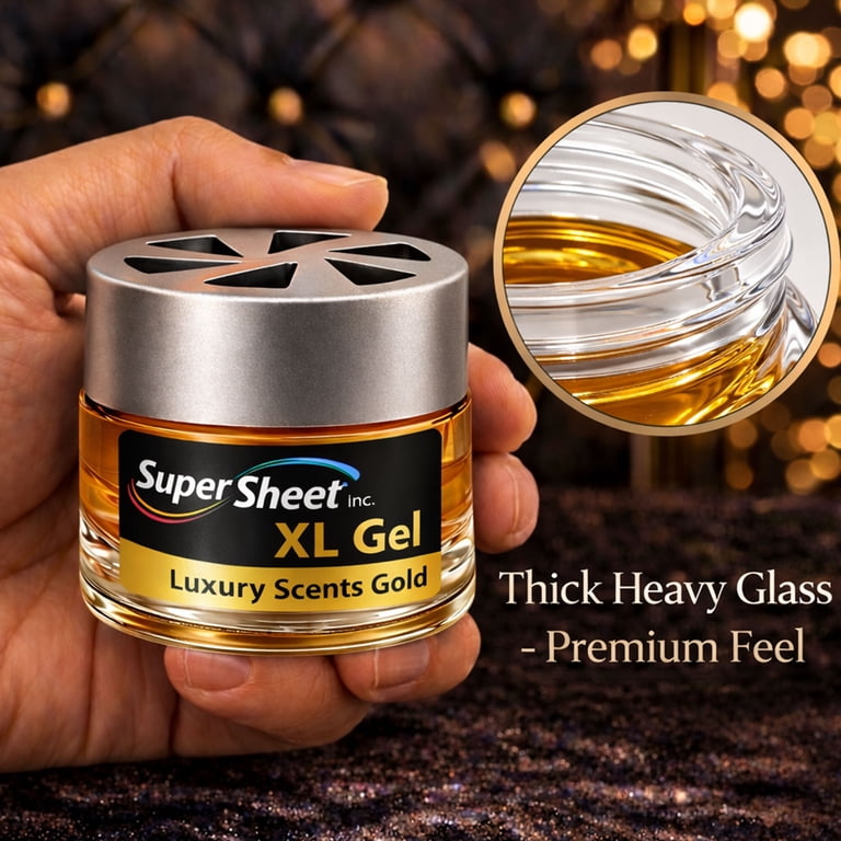 Super Sheet XL Gel Car Air Freshener - Gold Scent, Luxury Glass Jar Auto Fragrance, Long Lasting Gel Diffuser for Car, Home & Office