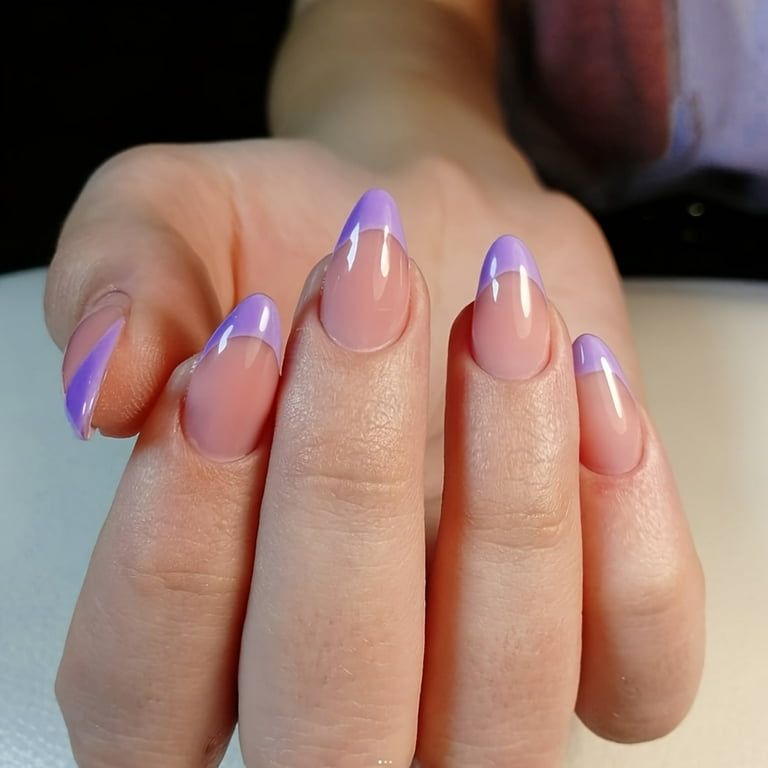Purple French Tip Press On Nails, Short Almond Fake Nails,Full