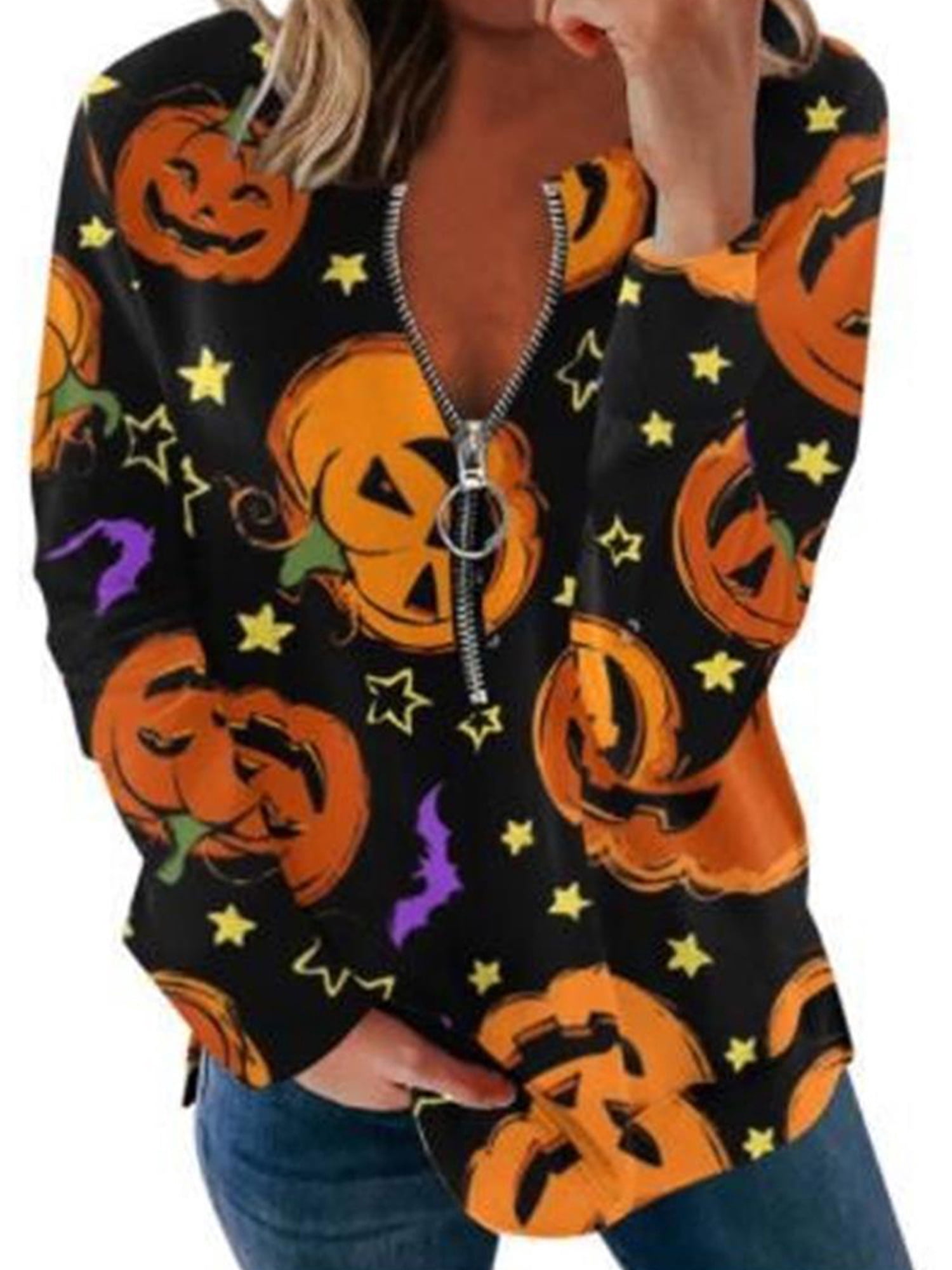 Upairc Halloween Womens Fashion Pumpkin Skull Printed Festival Costume Sexy Zip V Neck Pullover Tops Long Sleeve T-Shirt, Women's, Size: Medium,
