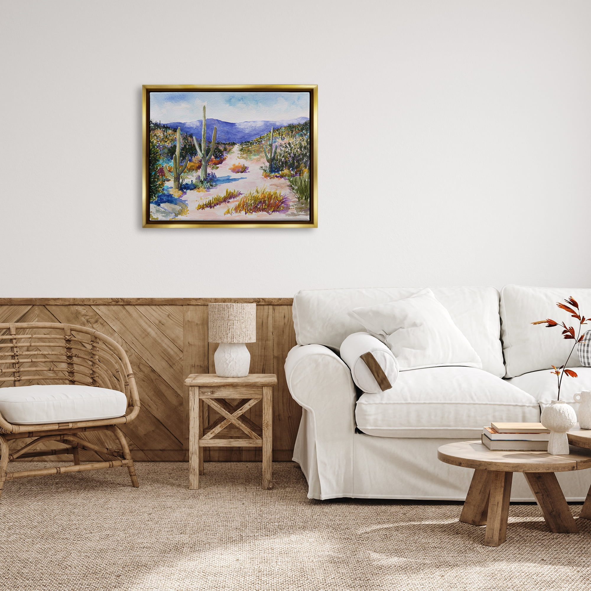 Stupell Industries Desert Scenery Painting Nature Painting Gold Floater Framed Art Print Wall Art, 31 x 25