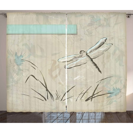 Seafoam Living Room Set Dragonfly Curtains 2 Panels Set, Romantic Vintage Sketch in Pastel Grass Birthday Grunge Grass Botany Artwork, Window Drapes for Living Room Bedroom, 108W X 63L Inches, Seafoam Tan, by Ambesonne ()