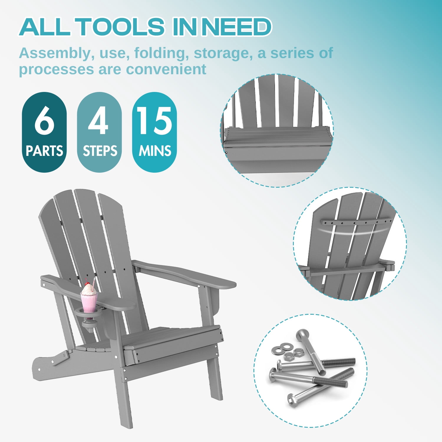 FODINGHILL Folding Adirondack Chair Set of 2,HDPE All Weather Fire Pit Chairs,Outdoor Plastic Chairs for Patio Porch Garden,Grey