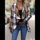 thumbnail image 5 of Chaqueta de Solapa A Cuadros con Abertura Frontal para Mujer, Camisas de Larga para Mujer, Chaquetas Ligeras Informales para Otoño. Café S, 5 of 9