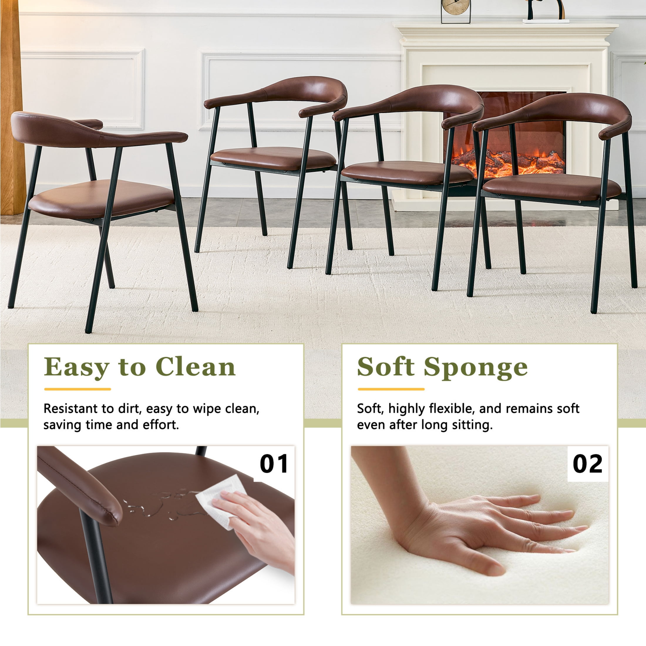 Vinform Upholstered Dining Chairs Set of 4, PU Leather Dining Room Chairs, Brown