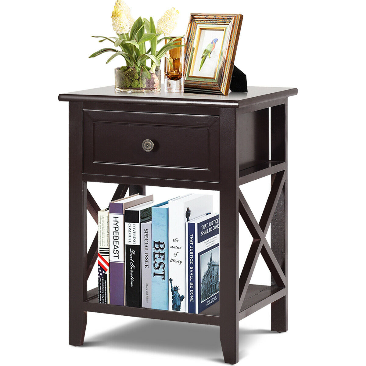 Costway Nightstand End Bedside Table Drawer Storage Room Decor Bottom