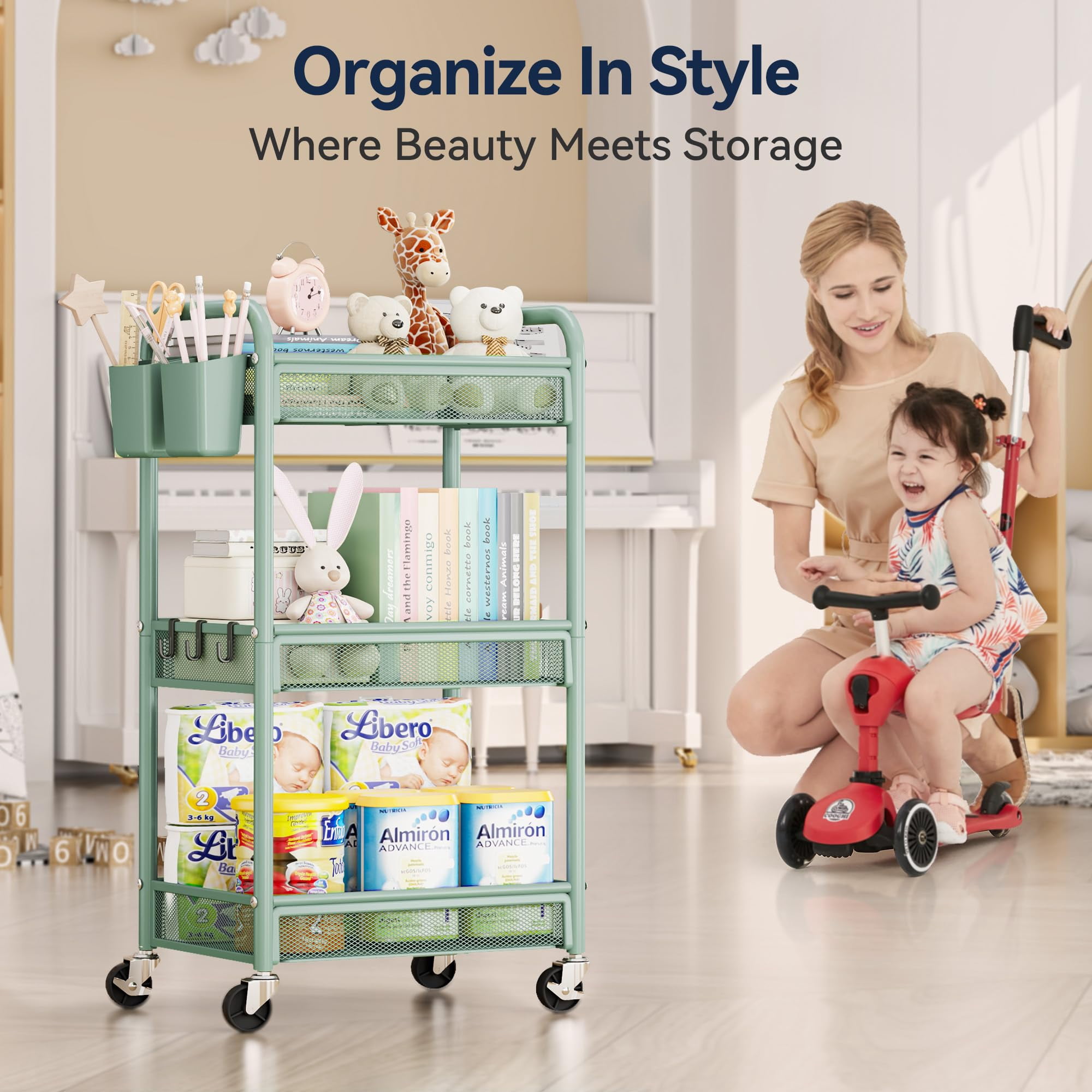 Black Metal Rolling Cart 3 Tier Utility Storage Organizer with Wheels Hanging Cups Hooks Mesh Basket for Bedside Kitchen Office