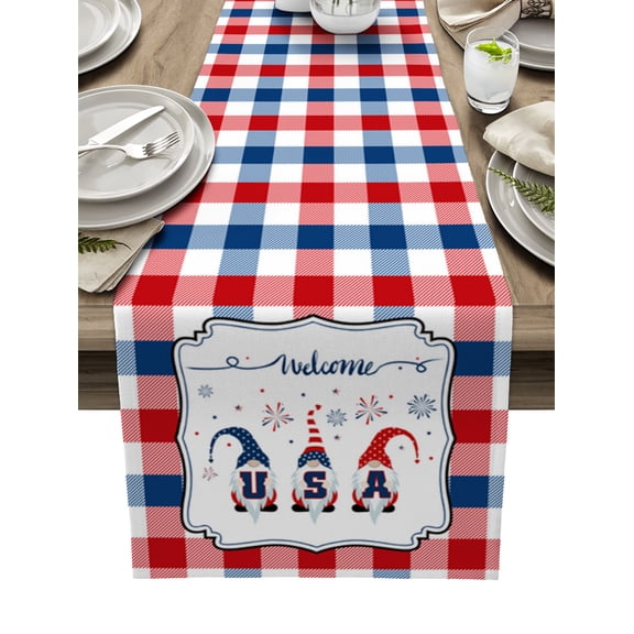 Independence Gnomes Cerebration Welcome Table Runner 60 Inches, Blue Red White Buffalo Plaid Bed Runner Dresser Scarves Tabletop for Indoor Outdoor Parties/Ceremony/Banquet, 13" x 60"