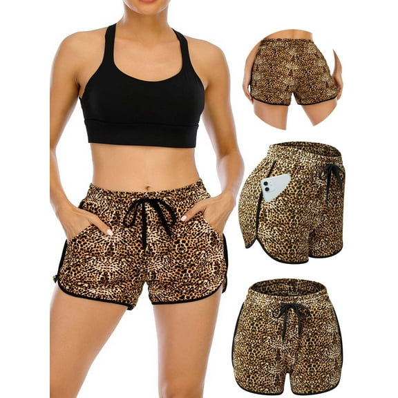 Wacanda Women Sports Yoga Shorts Athletic Running Yoga Shorts for Women Leopard print shorts Active Running Shorts Workout Yoga Shorts with Pockets