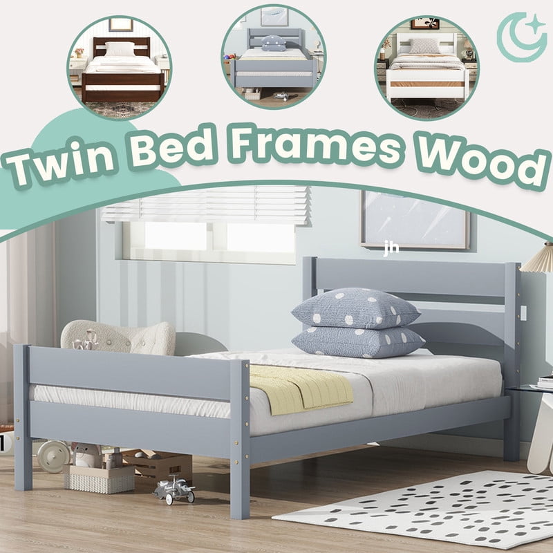 Mirightone Twin Platform Bed with Headboard & Footboard, Twin Wood Bed Frames for Teens, Adults, Grey