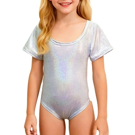 Daznico Girls Latin Dance Gymnastics Leotard Shiny Rhinestone Short Sleeve Unitard Performance Training for Competition Stage Shows Mardi Gras Clothing 160