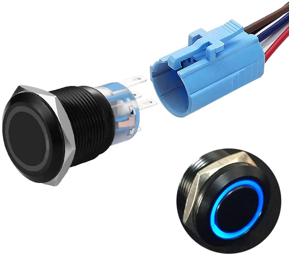 19mm Metal Momentary Push Button Switch 5A/250V AC with Blue LED Ring Light