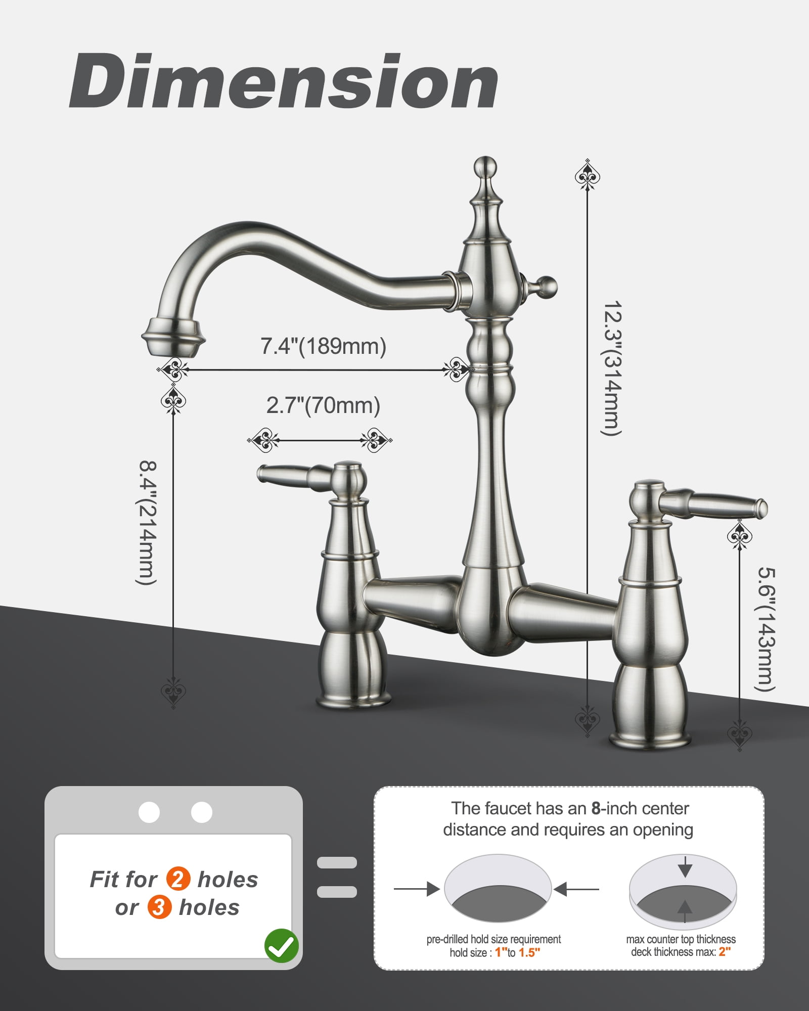 Wowow Brass Bridge Centerset Kitchen Faucet for Sink, 2 Handle 2 Hole 360 Degree Swivel Faucets for Vintage Farmhouse, Brushed Nickel