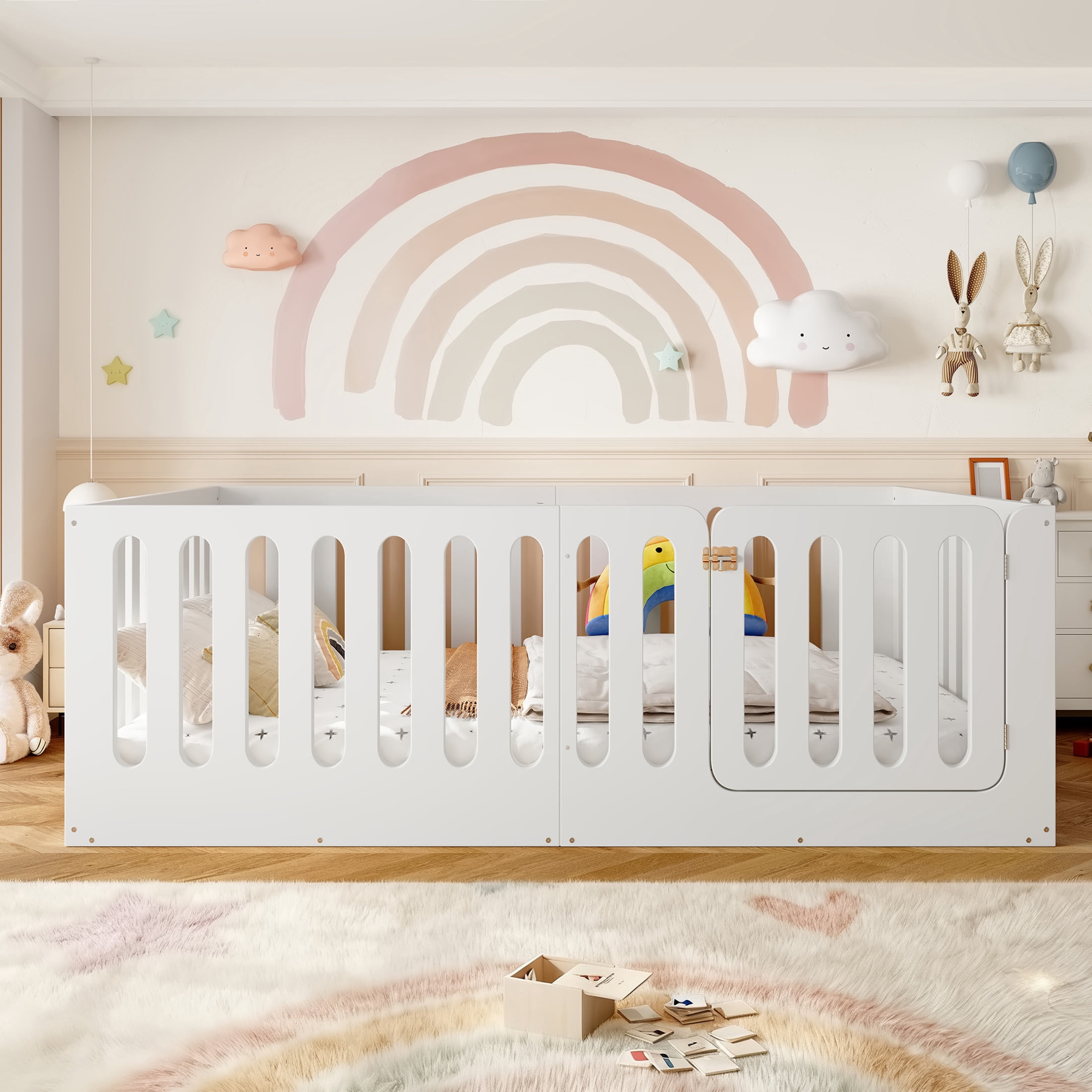 Noble House Full Size Montessori Floor Bed with High Fence, Solid Wood Kids Bed Frame, White