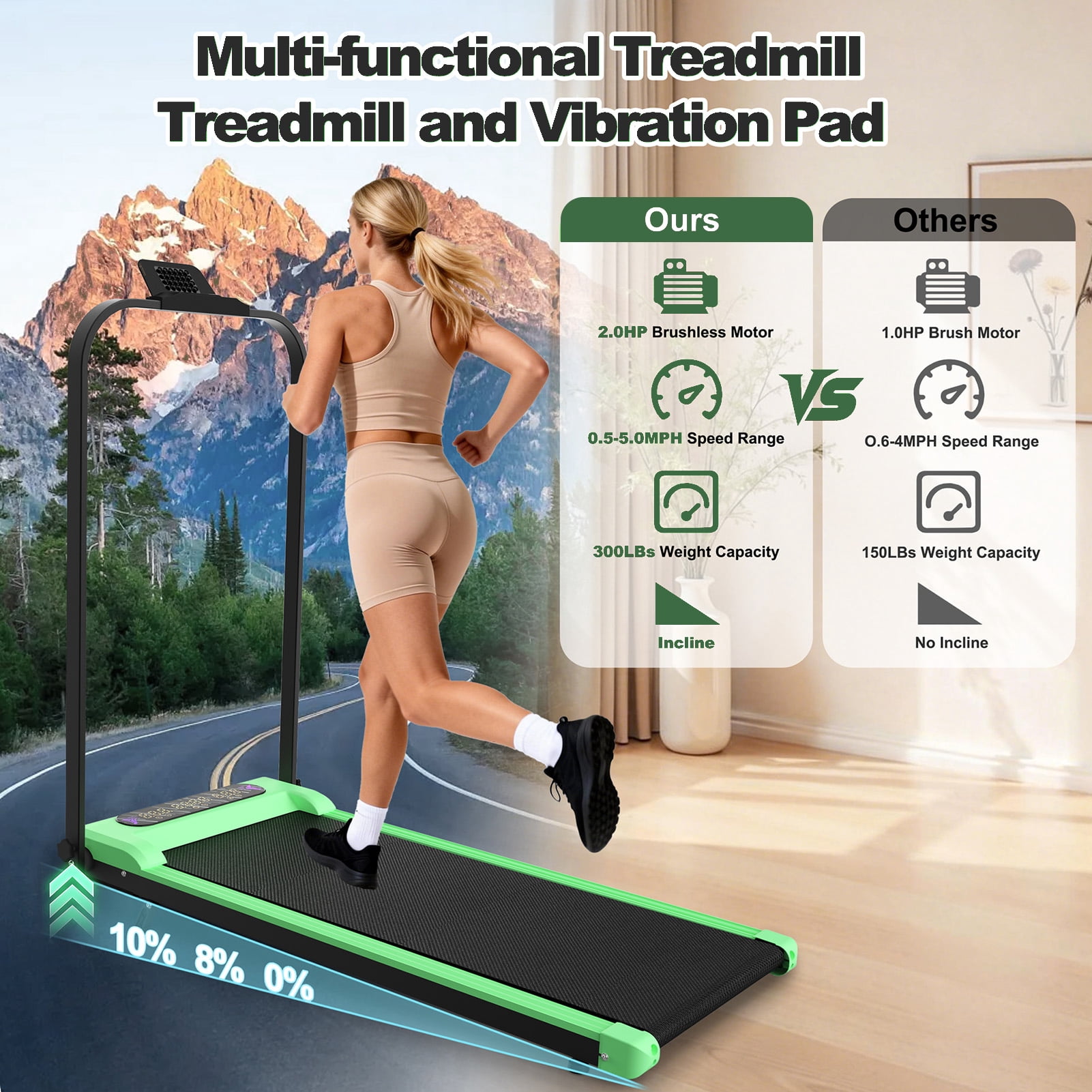 Foldable Treadmill With Handle Bar & Incline, 2 In 1 Upgrade Portable Under Desk Walking Pad And Vibration Pad With Remote Control For Home Office Small Spaces,Green