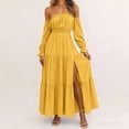thumbnail image 2 of Eawtki Women's Off Shoulder Long Sleeve Maxi Dress Smocked Waist Tiered Ruffle Hem With Slit Casual Party Dress, 2 of 6