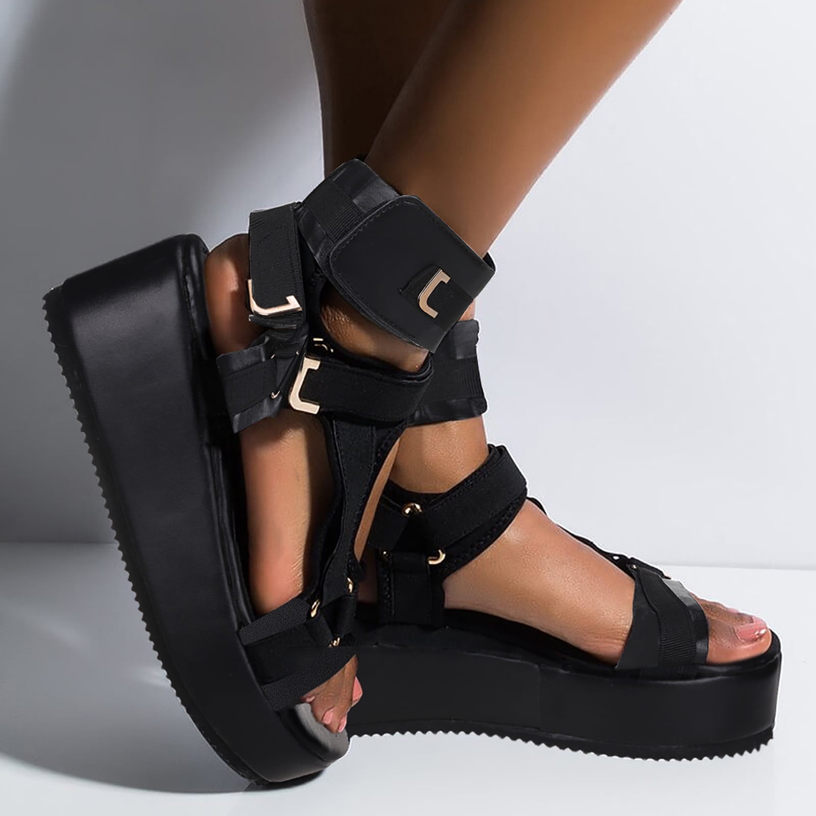 Women Sandals 2022 New Summer Black Leather Gladiator Platform