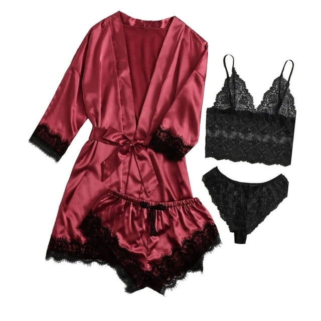 Conjunto De Ropa De Dormir De Lencería, Ajuste Holgado, Elegante Satén Femenino Con Ribete De Encaje Floral, Pijama Fluido De 4 Piezas Con Ribete De Encaje Para La Noche De Bodas