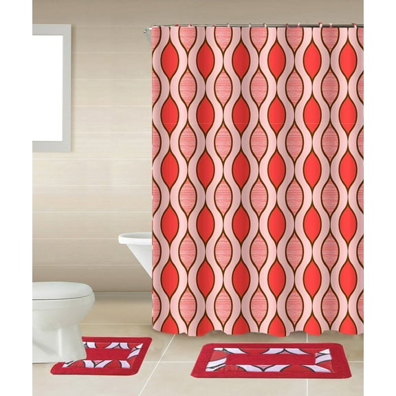 Scarlet Wine Red 15-Piece Bathroom Accessory Set: 2 Bath Mats, Shower Curtain & 12 Fabric Covered Rings