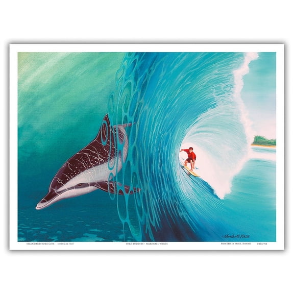 Surf Buddies - Hawaiian Surfer and Dolphin (Nai’a) Riding the Waves - From an Original Color Painting by Marshall White - Master Art Print (Unframed) 9in x 12in