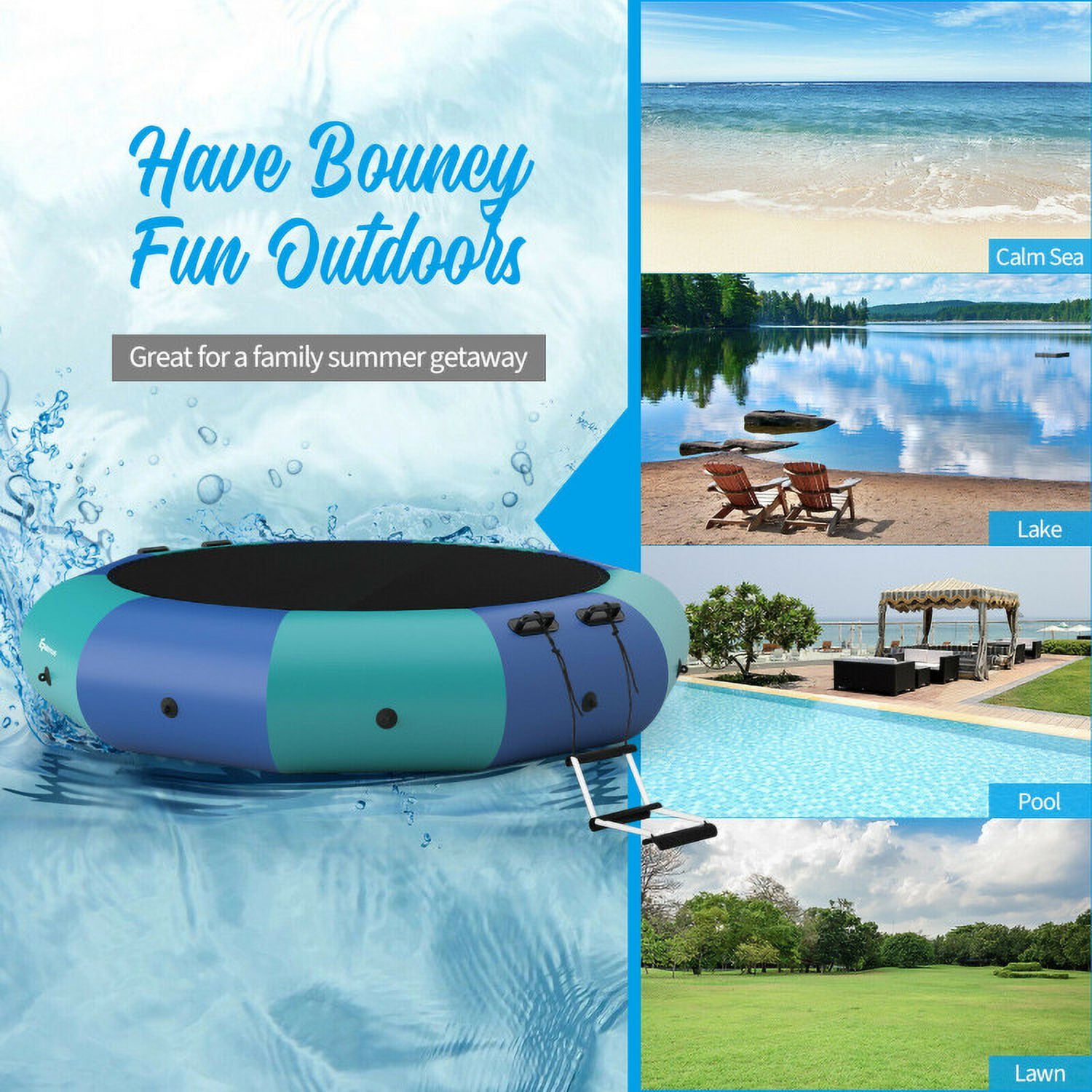 Aimee Lii 12 Feet Inflatable Splash Padded Water Bouncer Trampoline, Outdoor Kids Trampoline, Blue