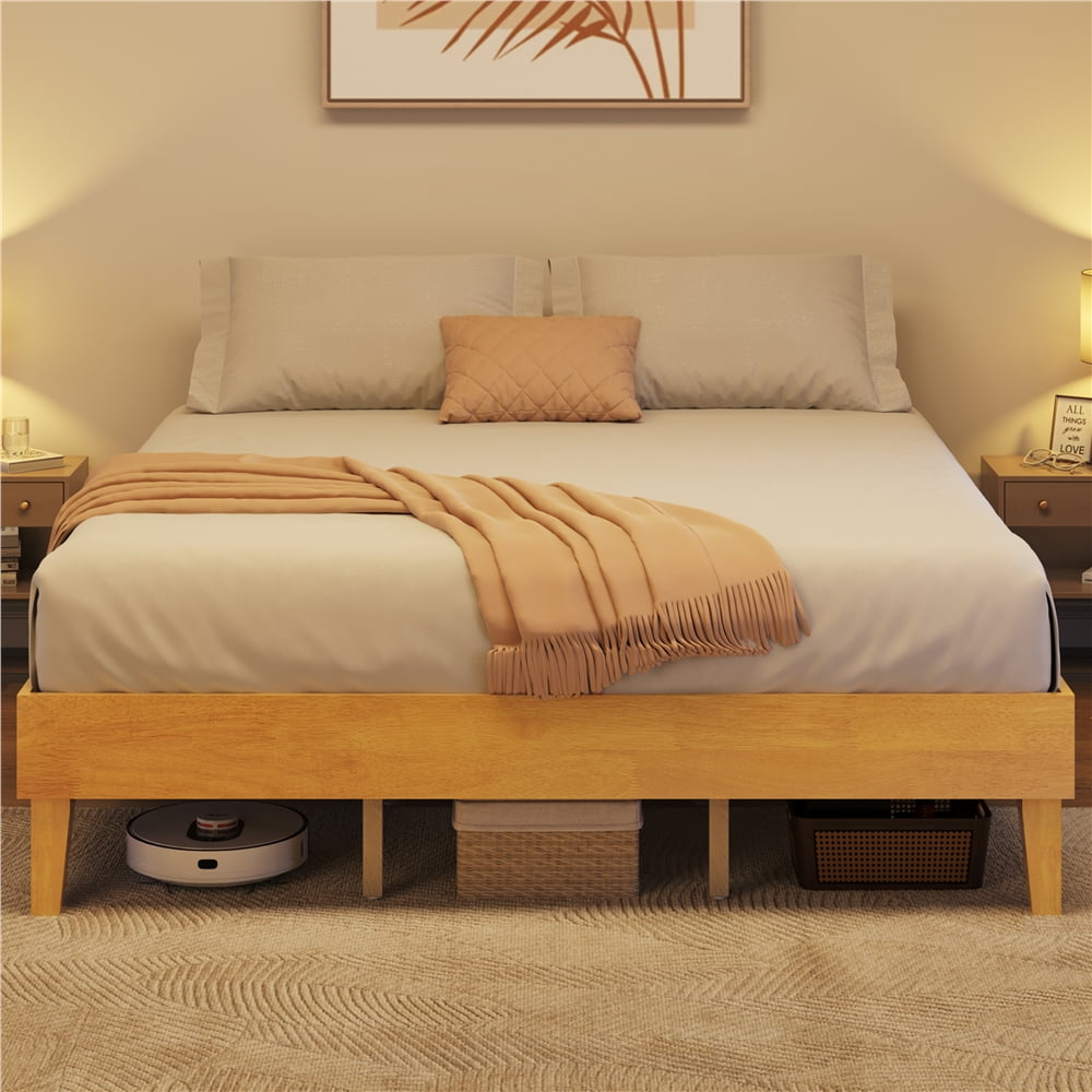 Yaheetech Solid Wood Platform Bed Frame with Wooden Slat Support, Natural Wood, King