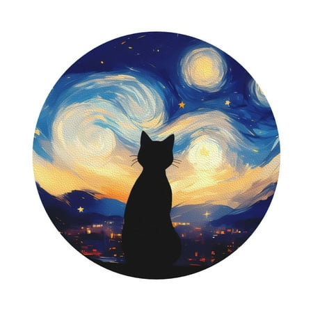 

Pofeuu Cat Under Starry Skies Print Leather Coasters Set of 6 Round Cups Mugs Mat Pad for Home Kitchen Heat Resistant Drink Coasters Round Shape
