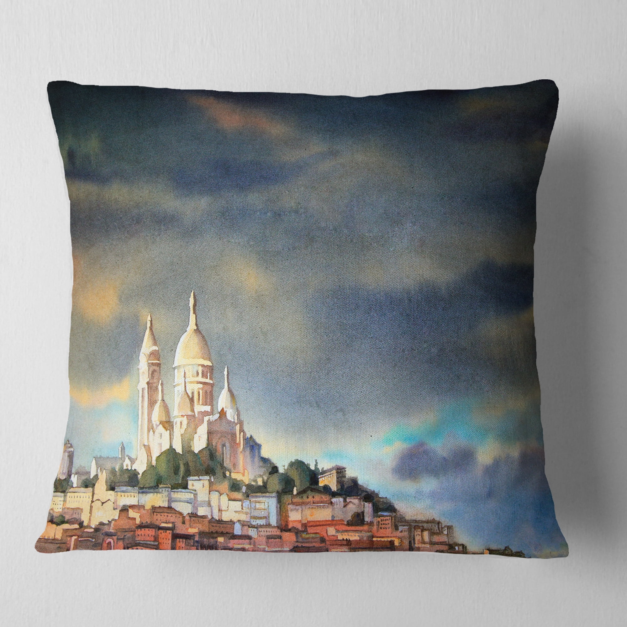 Designart Montmartre Skyline - Watercolor Painting Throw Pillow - 16x16