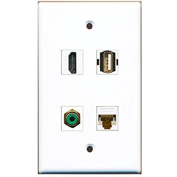 RiteAV - 1 Port HDMI 1 Port RCA Green 1 Port USB A-A 1 Port Cat6 Ethernet White Wall Plate