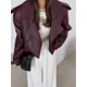 thumbnail image 4 of Chaqueta corta de cuero con solapa para mujer, abrigo elegante de manga larga con bolsillos, ropa de calle alta, Color sólido, Otoño, 2024, 4 of 5