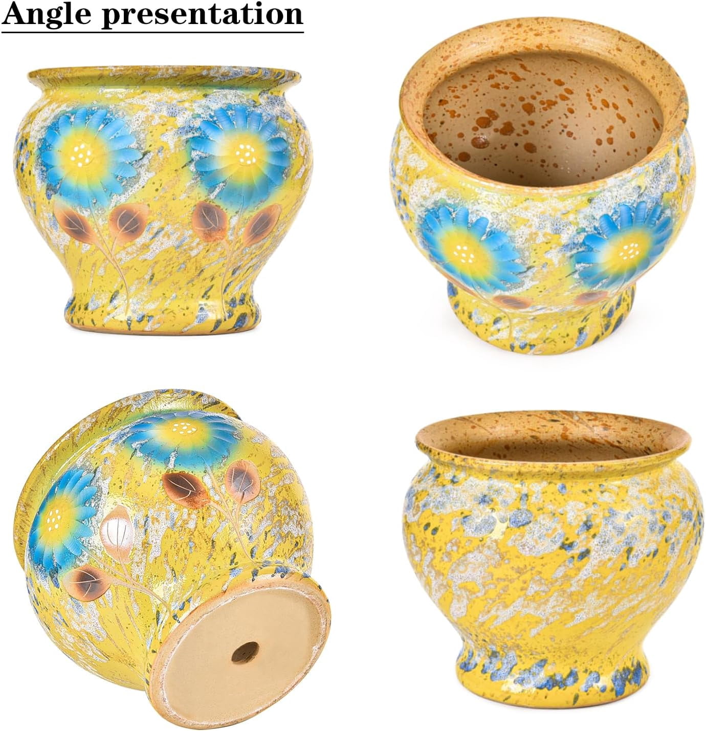 Sungmor Ceramic Round Flower Pot, Gold with Floral Pattern and Drainage Holes