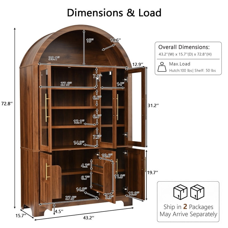 Arched Kitchen Pantry Cabinet with Glass Doors, Farmhouse Tall Storage Cabinet with Adjustable Shelves, Door Storage Racks & Open Display Shelves, Wooden Cupboard for Kitchen, Dining Room