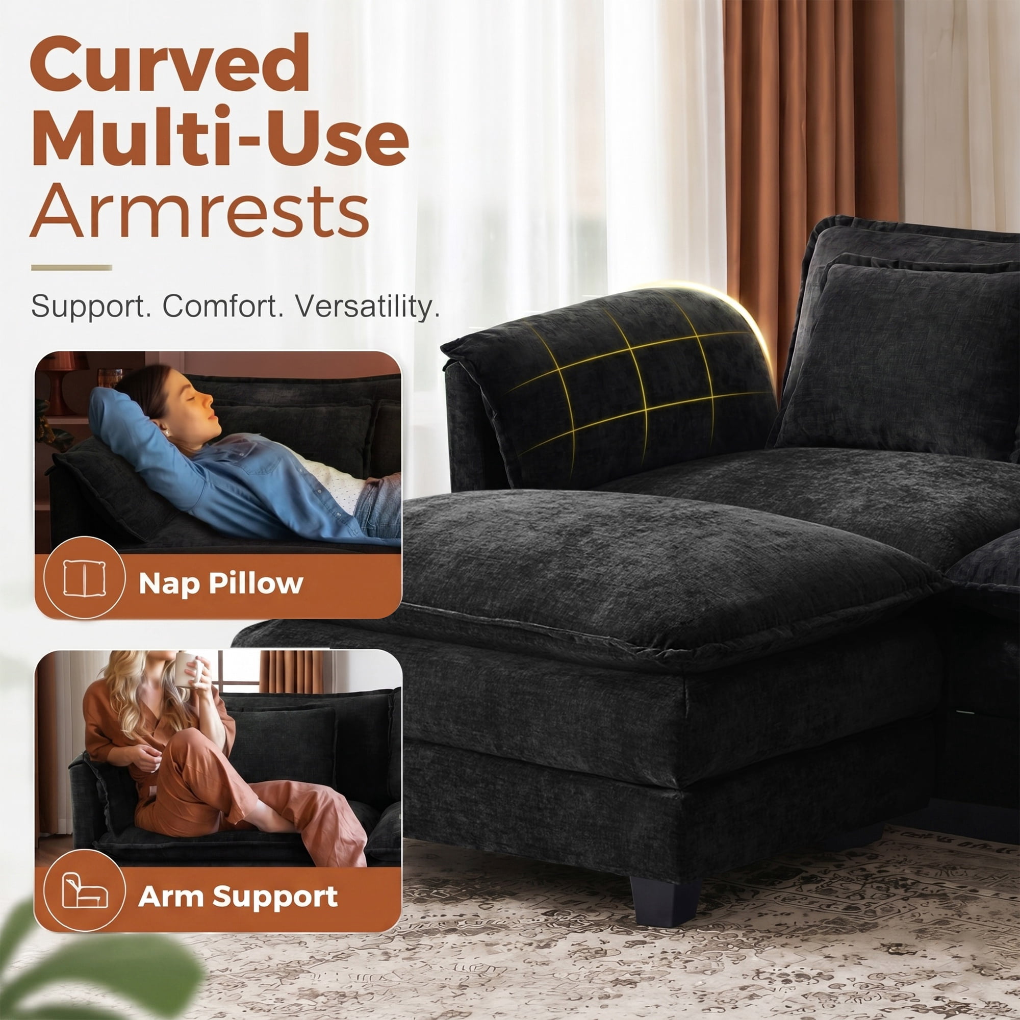 JULY'S SONG U Shaped Couch Set, 4-Seater Modular Sectional Sofa with Movable Ottoman, Deep Seat Couches and Sofas for Living Room, Comfy Cloud Couch with Detachable Cushions, Chenille Black