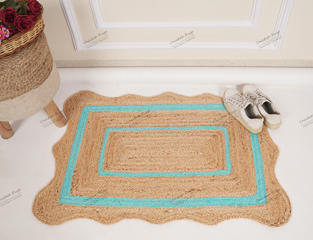 Rectangle Rug Area Rug Natural Fiber Jute Hand Braided Rug Cyan Color Scalloped Pattern Eco Friendly Rug