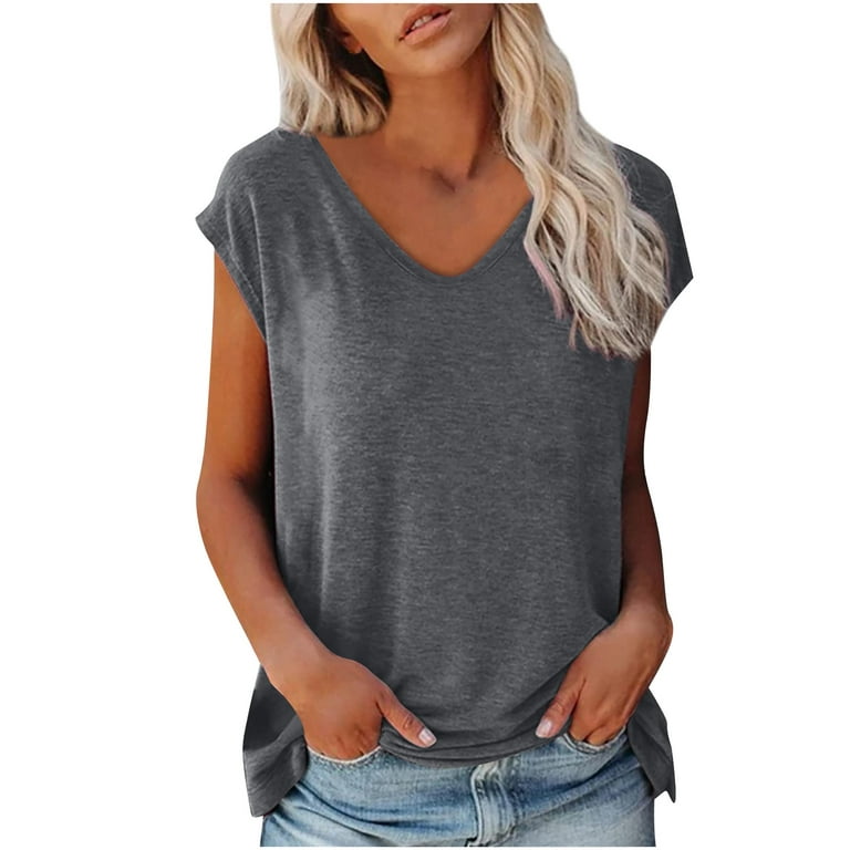 Lolmot Womens Fashion Cap Sleeve T Shirts Casual Solid Color V Neck Summer  Tops Tees Summer Loose Fit Tank Tops on Clearance
