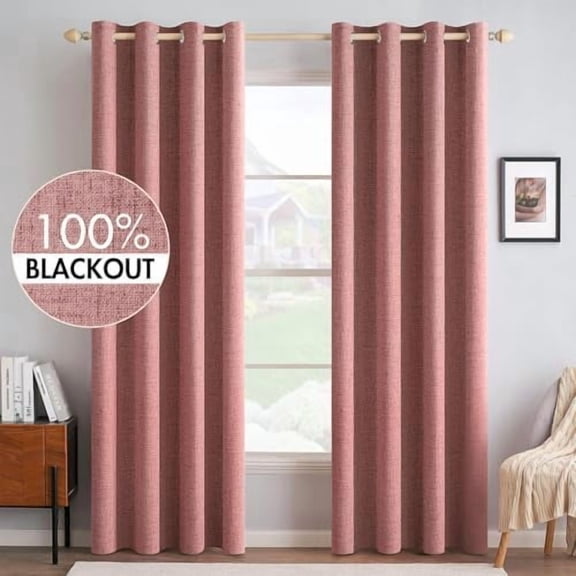 100% Blackout Linen Textured Curtains for Bedroom Solid Thermal Insulated Dusty Rose Grommet Room Darkening Curtains & Drapes Luxury Decor for Living Room Nursery 52 x 84 Inch (2 Panels)