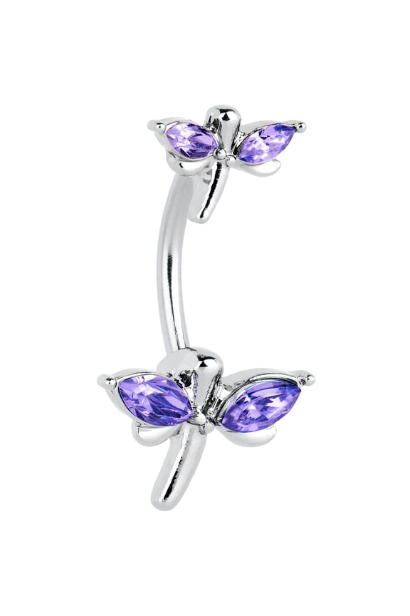 Womens Stainless Steel Piercing Purple Stylized Dragonfly Double Mount Belly Button Ring