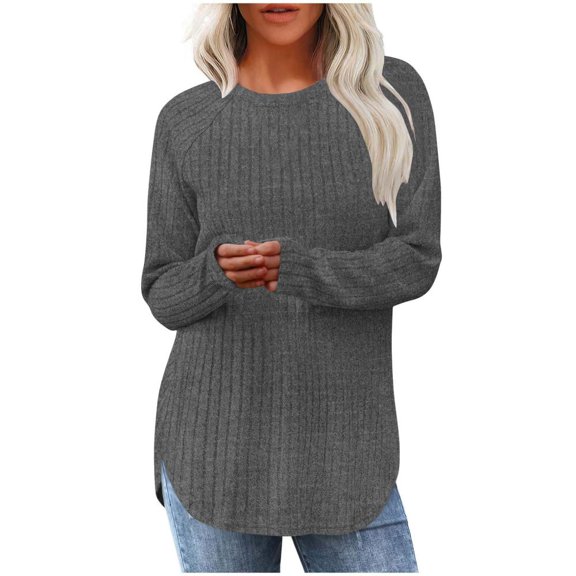 Bxsruta Summer Tops for WomenFashion Women's Casual Solid Round Neck Hem Slit Loose T-shirt Top Button Blouses