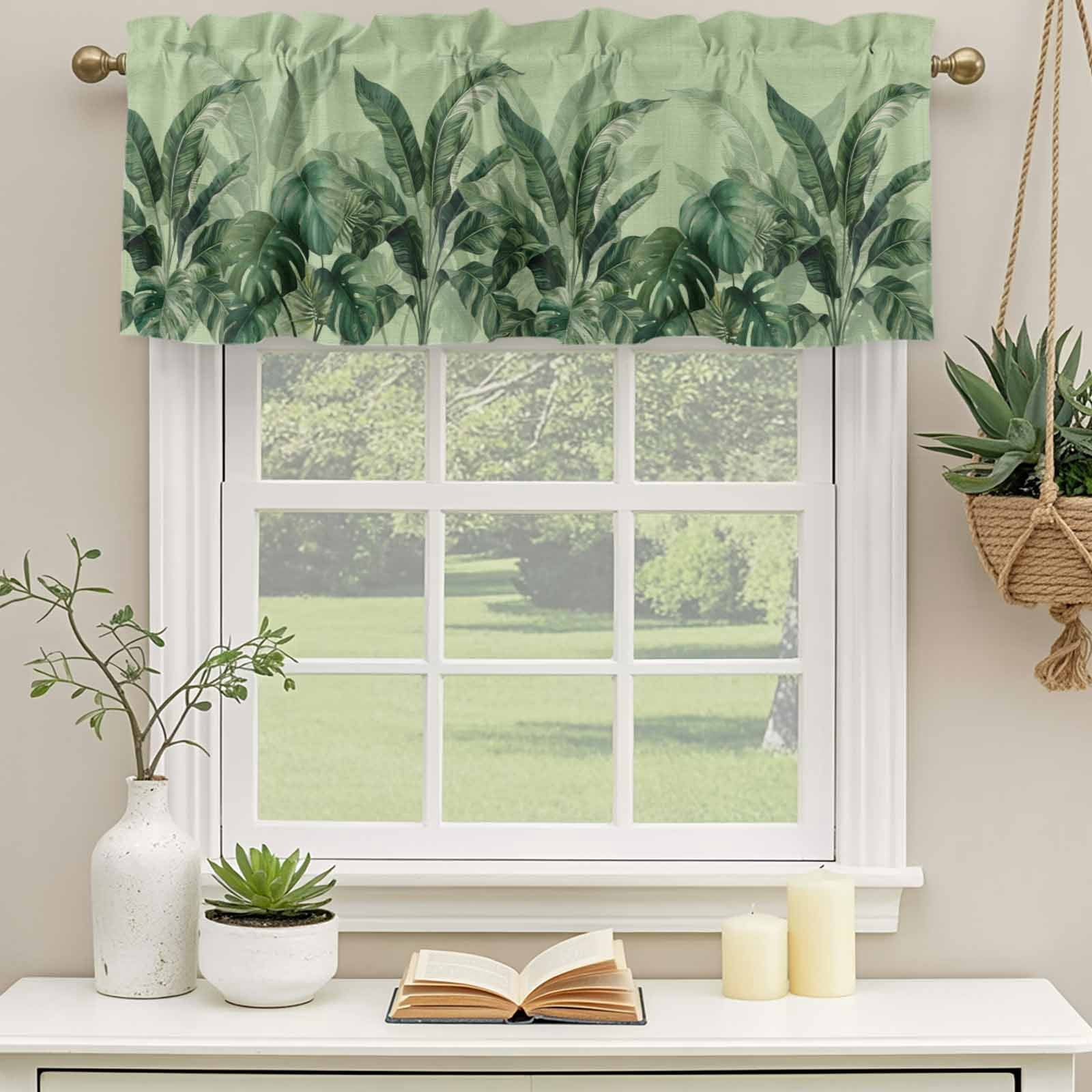 2 Pack Valances for Windows, Palm Leaves Tropical Window Valances for Living Room/Bedroom/Bathroom, Green Botanical Summer Green Ombre Light Filtering Kitchen Curtain Valance 54"W x18" L