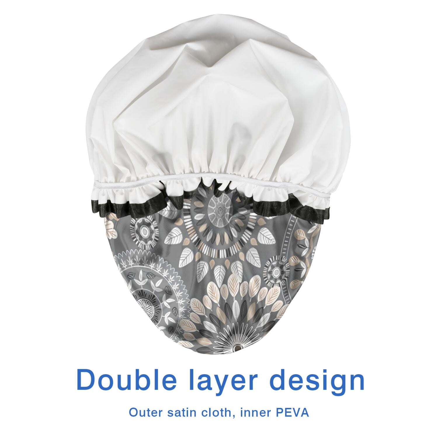 Shower Caps,Gray Floral Mandala and Leaf Pattern Waterproof Shower Cap for Women 4 Pieces,Double Reusable Hair Cover for Shower PEVA Elastic Stretch Hem