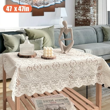 EEEkit White Lace Tablecloth, 47 x 47" Square Small Table Cloth, Ivory Crochet Design