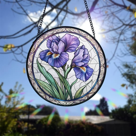 Purple Iris Stained Glass Suncatcher, February Birth Month Flower Window Hanging, Nature Lover Garden Gift