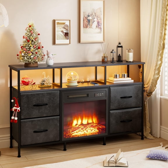 Fireplace TV Stand with 4 Drawers, Black Dresser TV Stand with Power Outlets & LED Lights for 55" TV, Small Entertainment Center with Fireplace with Open Shelf, PU Leather Surface Drawers