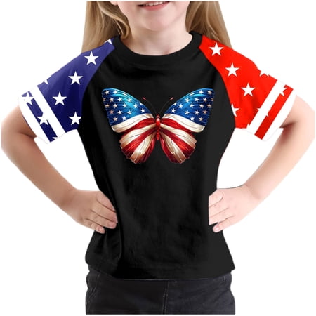 ZhuoLiL Clothes for Girls 5T Toddler Patriotic Butterfly & Flag Print Tee - Short Sleeve Round Neck T-Shirt