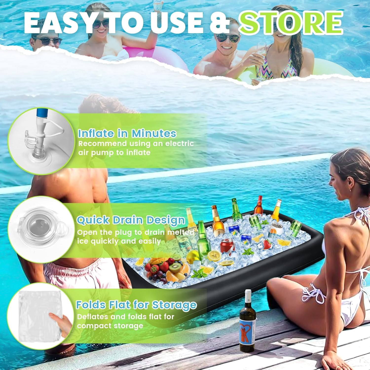 Large Inflatable Ice Serving Bar for Food, Drinks, Salad, Floating Buffet Cooler Tray with Drain Plug for Pool Party, BBQ, Picnic, Camping, Beach, and Outdoor Supplies