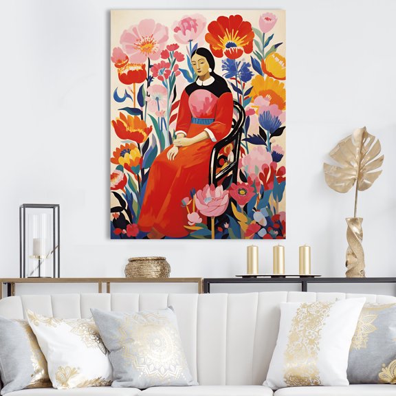 Designart "Floral Woman Portrait Mexican Elegance II" Fashion Canvas Wall Art - Glam Red Woman Mexican Entryway Wall Art Print