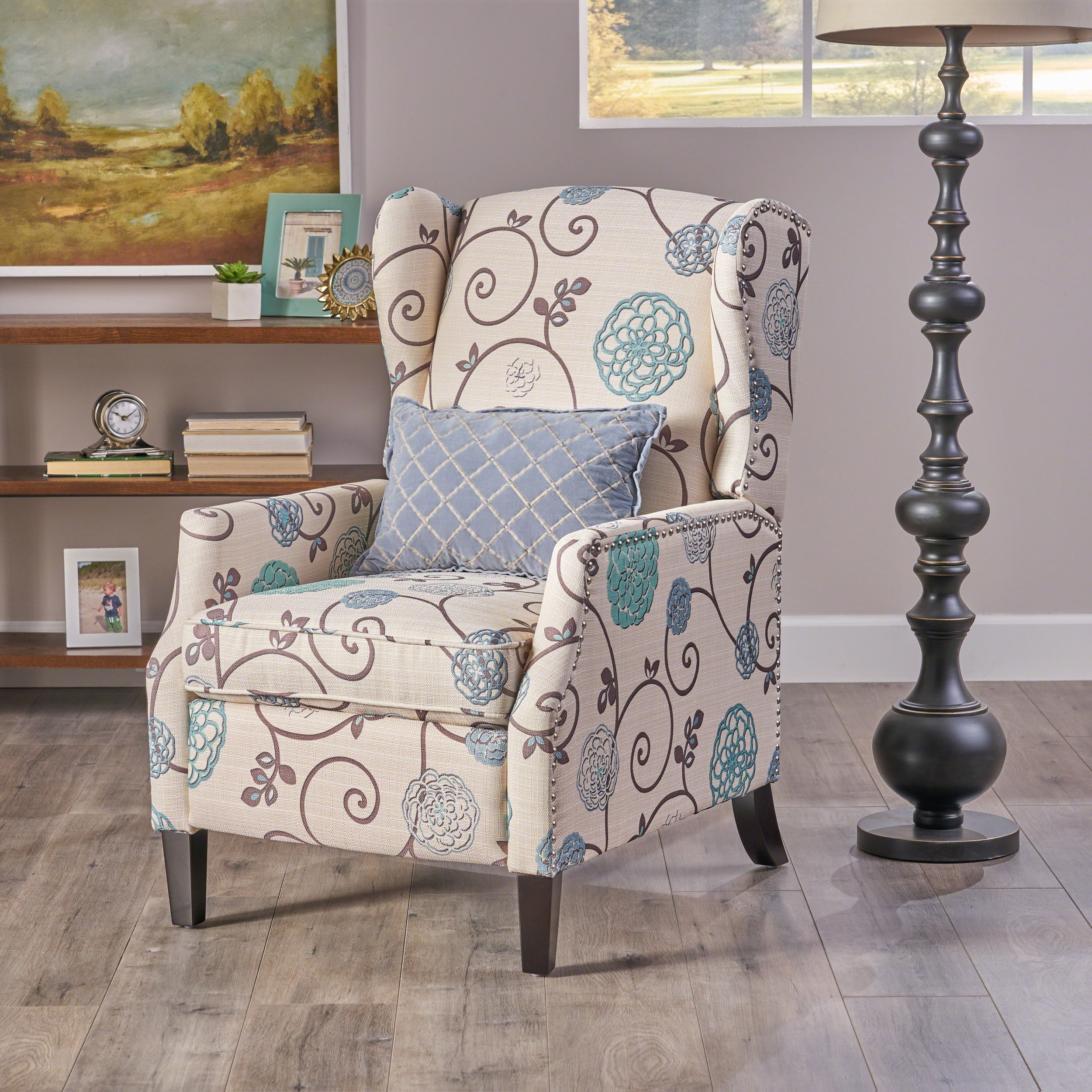 Euroco Traditional Wingback Recliner Chair with Studded Trim,100% Polyester Upholstery