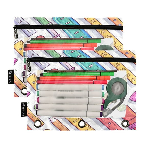 Ckdifva Rulers Pencil Pouch 3 Ring Zipper Pencil Case Binder Pockets Clear Top Cosmetic Bag 2 Pack
