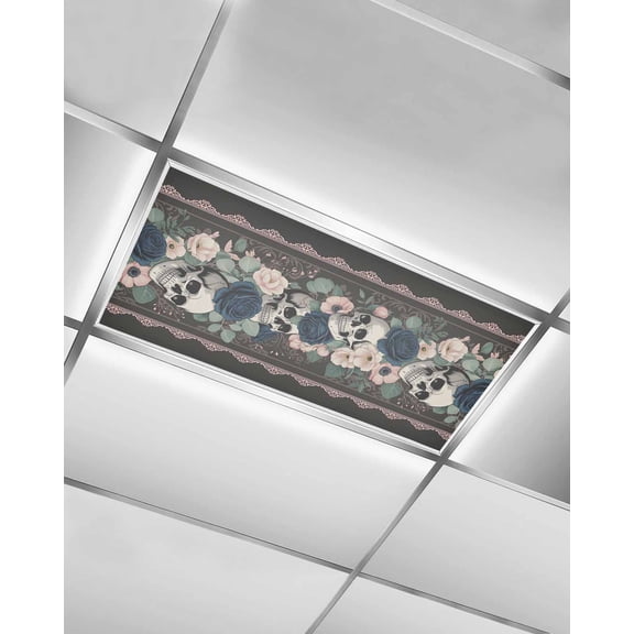 Halloween Fluorescent Light Covers for Ceiling Lights 4x2 feet,1 Pack Magnetic Light Filters for Classroom,Horror Skull Flower Leaf Floral Textured Fluorescent Light Shade Panel for Office School